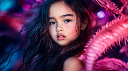 Poster - A young girl with flowing brown hair gazes into darkness, surrounded by ethereal glowing orbs and faintly outlined creatures, creating a magical atmosphere
