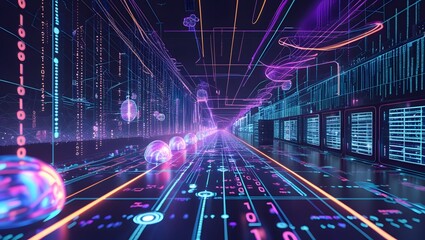Digital background ideal for technological operations, neural networks, data transmission and encryption, digital archives.