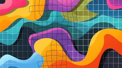 Poster - An abstract background with a grid and wavy lines in vibrant colors.