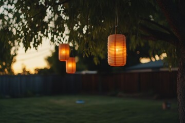 Poster - Soft light from glowing lanterns hung in tree branches creates a welcoming atmosphere in a backyard during an evening gathering with friends and family
