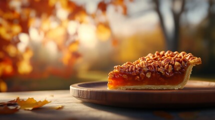 Poster - A slice of pecan pie adorned with caramelized nuts rests on a rustic wooden plate amid a soft-focus autumn backdrop, showcasing fallen leaves and warm colors