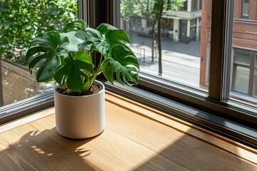 Poster - A large monstera plant with vibrant green leaves thrives in a sleek white pot, basking in warm sunlight near a window and casting soft shadows on the wall