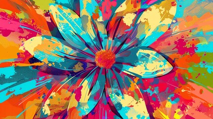 Poster - A colorful abstract painting of a flower with splashes of paint in the background.