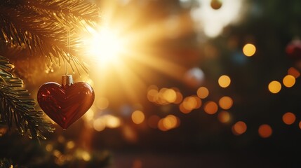 Aufkleber - A festive red heart ornament dangles from lush green Christmas tree foliage, surrounded by shimmering golden lights for a warm, joyful holiday ambiance