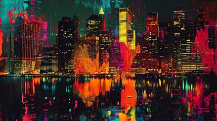 Poster - A colorful, abstract city skyline with reflections in the water.