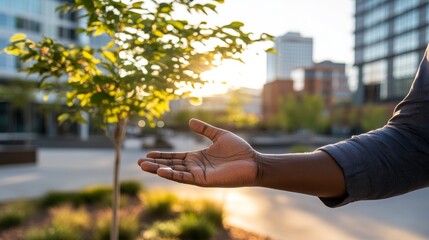 Poster - A hand reaches towards sunlight filtering through tree leaves in a vibrant urban park, highlighting the blend of nature and city life at dusk