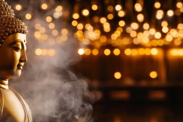 Aufkleber - A golden Buddha statue exudes calmness as soft smoke envelops it, enhanced by gentle lighting that fosters a peaceful atmosphere for contemplation