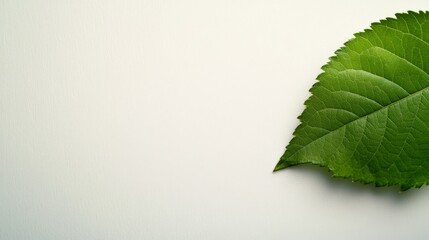 Poster - A single fresh green leaf rests against a smooth white background, highlighting its intricate veins and providing ample copy space on the right side