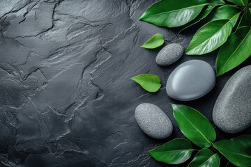 Aufkleber - Creating a serene balance of natural elements with grey stones, wood textures, and green leaves in a modern minimalistic design for evoking wellness and luxury
