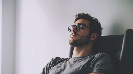Poster - A man wearing glasses and a gray shirt is sitting in a chair