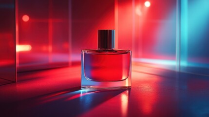 Poster - Vibrant interplay of red and blue lights highlighting a graceful perfume bottle captured in an artistic composition of modern aesthetics