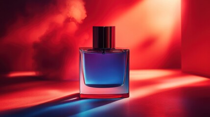 Poster - Captivating elegance of a perfume bottle illuminated in striking red and blue lighting, showcasing artistry and allure