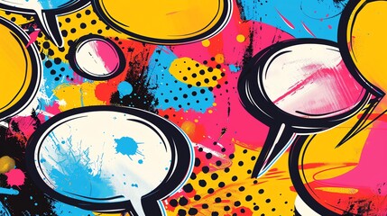 Poster - A colorful abstract background with speech bubbles and splattered paint.
