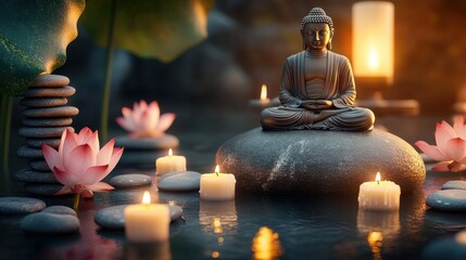 Poster - Meditation and serenity enveloped in warm light with Buddha on a rock surrounded by candles and lotus flowers in a zen-like atmosphere