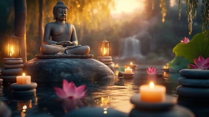 Poster - Buddha mediates on a serene rock surrounded by illuminated candles, evoking tranquility and peace in a zen-inspired environment