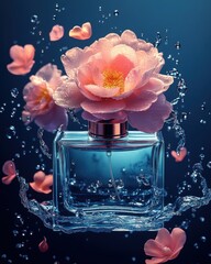 Aufkleber - Exotic floral elegance captured in a stunning perfume design against a deep blue backdrop, featuring intricate water droplets and a nostalgic 90s aesthetic