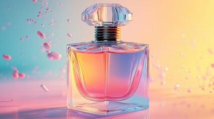 Poster - Elegant perfume bottle showcasing pastel hues against a monochrome backdrop, capturing the essence of beauty and freshness