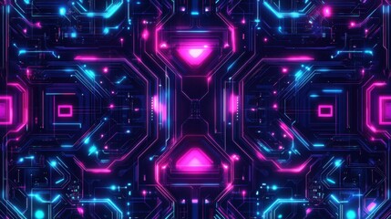 Leinwandbilder - Seamless cyberpunk pattern showcasing neon circuits and glowing wires in electric blue, purple, and pink shades set against a dark backdrop with an abstract futuristic design