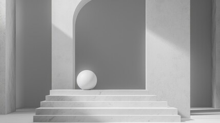 Poster - A white ball is sitting on a marble staircase in a white room