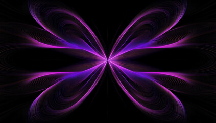 Wall Mural - A black background with symmetrical purple and pink lines, creating an abstract pattern that resembles the petals of a flower or ripples in water