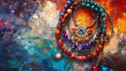 Poster - Vibrant Jewelry on Textured Surface with Dramatic Angles