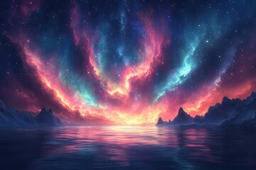 Wall Mural - a mystical night sky with swirling nebulas and aurora borealis rendered in vibrant digital watercolo