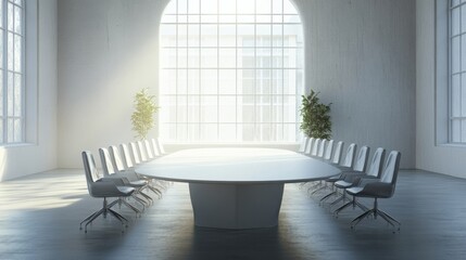 Poster - Sunlight illuminates a modern conference room with an oval table and chairs, creating a bright and professional atmosphere for meetings and discussions