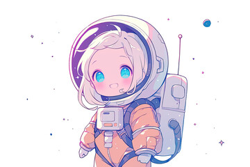 Wall Mural - cute chibi anime girl astronaut with blond hair and blue eyes in orange spacesuit and helmet on whit