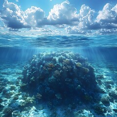 Wall Mural - Vibrant Underwater Perspective of a Tropical Island with Coral Reefs and Sea Life