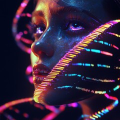 Leinwandbilder - Neon Dreams: A Futuristic Portrait with Glowing Skin and Luminous Data Streams