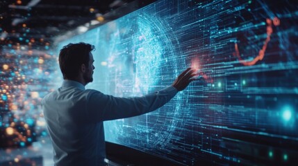 Poster - businessman interacting with a large futuristic screen featuring complex data visualizations and glo