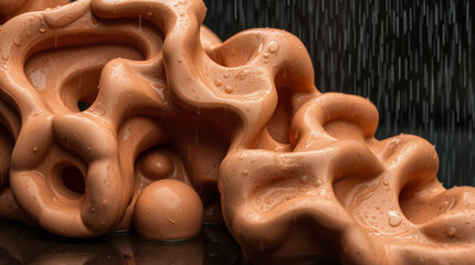 Poster - Sculptural clay form with droplets reflecting light in a dark environment. Generative AI
