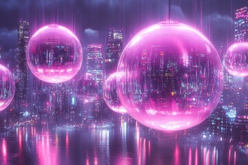 Poster - Futuristic city skyline featuring glowing pink orbs suspended over a shimmering water surface at night