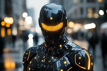 Poster - Futuristic robotic figure with glowing features stands in urban environment during nighttime rain