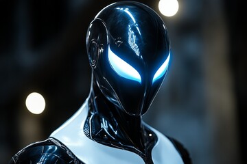 Poster - Robotic figure with glowing eyes stands in a dimly lit environment showcasing futuristic technology
