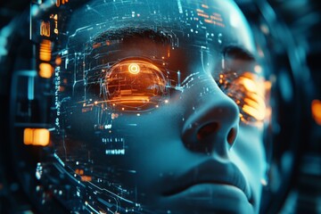 Poster - Futuristic close-up of a humanoid face with glowing digital elements in a cybernetic environment at dusk