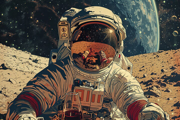Wall Mural - comic style illustration of a lonely astronaut sitting on the surface of an alien planet with a glas
