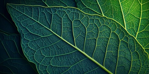 Close-up of a vibrant green and blue gradient background with a detailed leaf texture for eco-friendly or natural product presentation