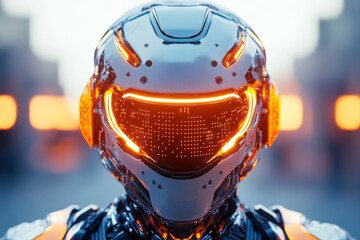 Poster - Futuristic robot with glowing visor in urban setting during twilight showcasing advanced technology and design