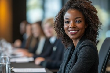 Poster - Business meeting showcasing a confident woman smiling while sitting at a conference table with colleagues in a modern office setting