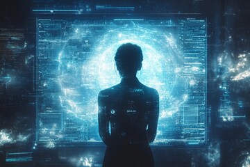 Poster - Silhouette of a person observing a digital interface displaying cosmic imagery in a futuristic setting