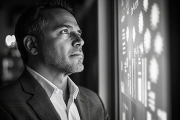 Poster - Business professional studies financial data on a screen during evening hours at a modern office