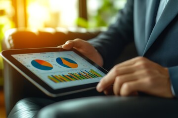 Poster - Business professional analyzing data on a tablet while seated in a modern office during sunset