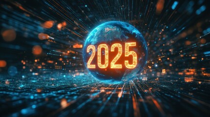 Poster - Futuristic 2025 globe with digital streams, highlighting the year ahead