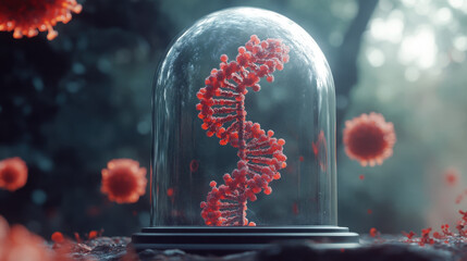 Wall Mural - a striking double-helix dna structure is featured inside a transparent dome, surrounded by floating 