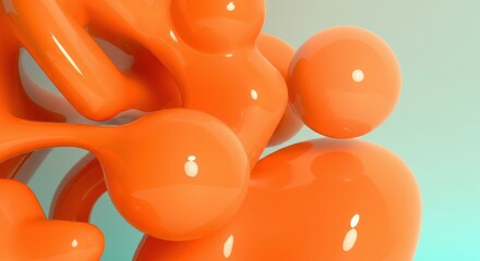 Abstract orange shapes and glossy spheres create a vibrant composition