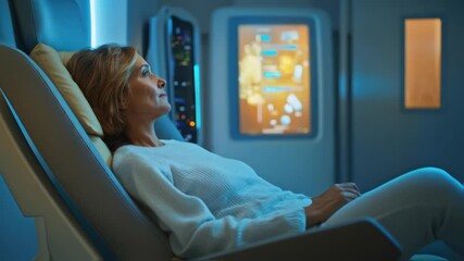 Poster - mature woman enjoys a moment of relaxation in a futuristic, high tech recliner chair, interacting wi