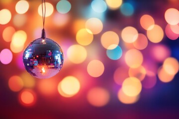 Poster - A shining disco ball reflects bright multicolored lights, creating a kaleidoscope effect amidst a blurred party backdrop, perfect for festive occasions