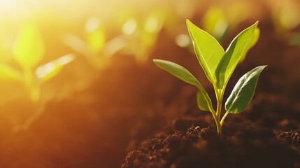 Poster - A delicate sapling breaks through dark soil, illuminated by warm sunlight, with soft blurred greenery in the background, creating a peaceful atmosphere