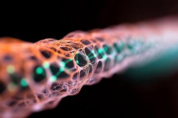 Leinwandbilder - Close-up view of glowing green and orange fiber-optic strands intricately woven together, highlighting advanced technology and communication on a black backdrop